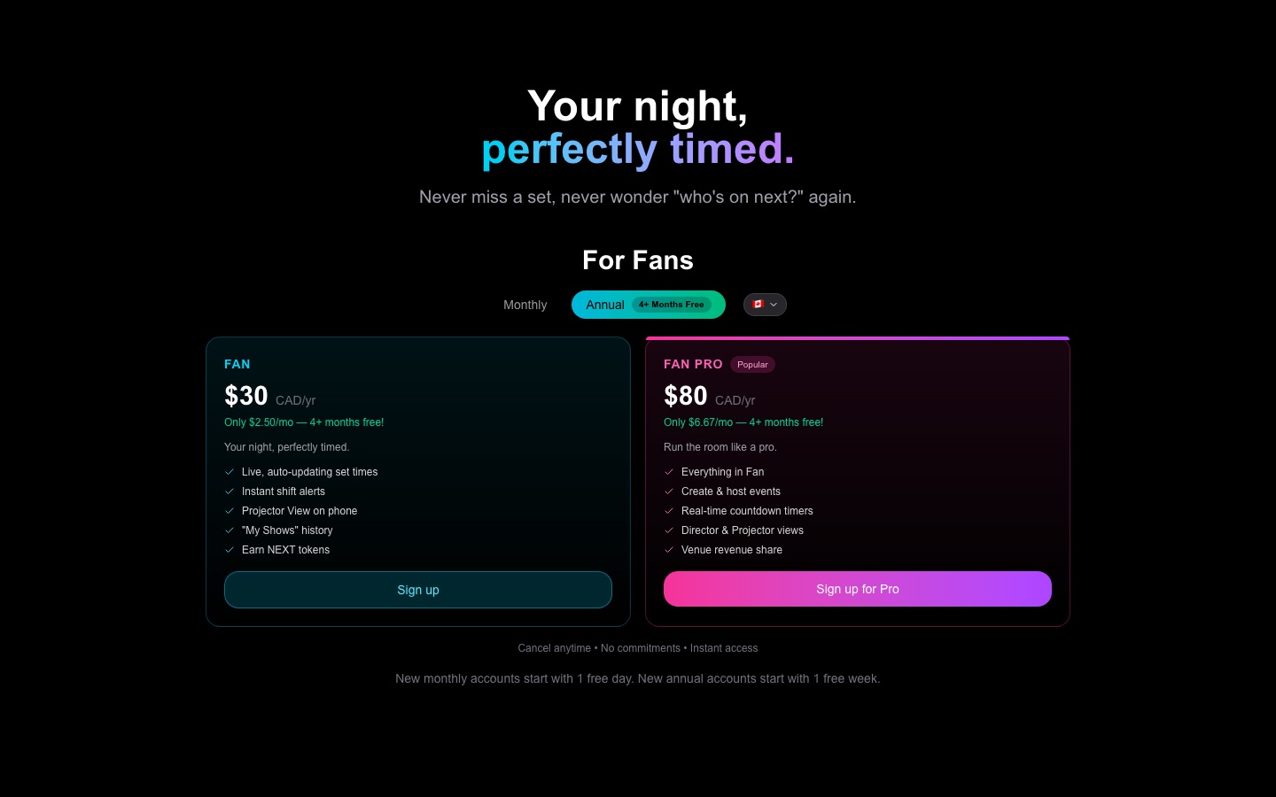 Fan Pro subscription on the NextSet pricing page